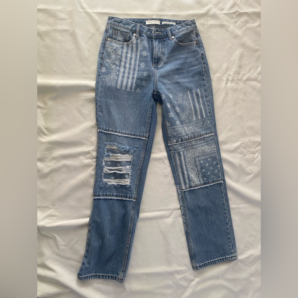 WOLF Blue Straight Leg Jeans with Distressed Patchwork